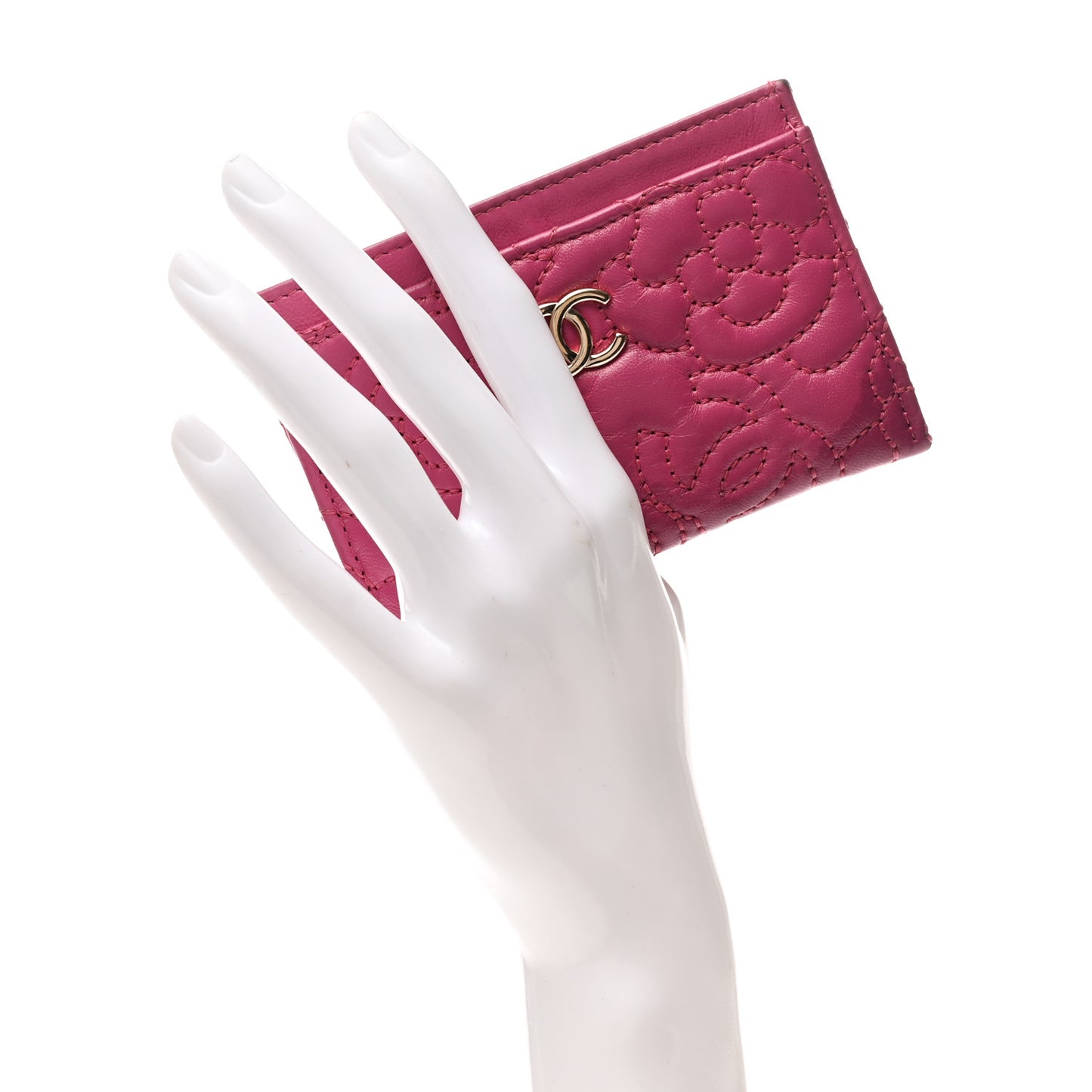 Lambskin Camellia Embossed Card Holder Fuchsia