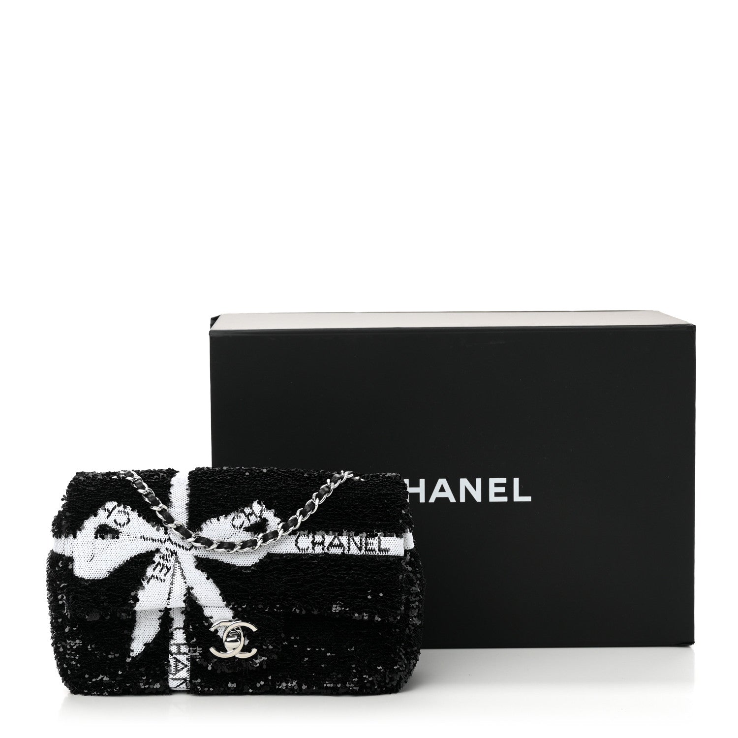 Chanel Sequin Ribbon Mini Rectangular Flap Black White 1738727
