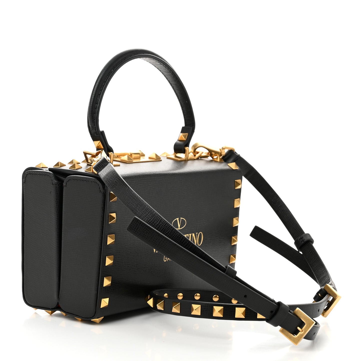 Grainy Calfskin Rockstud Alcove Box Top-Handle Bag Black