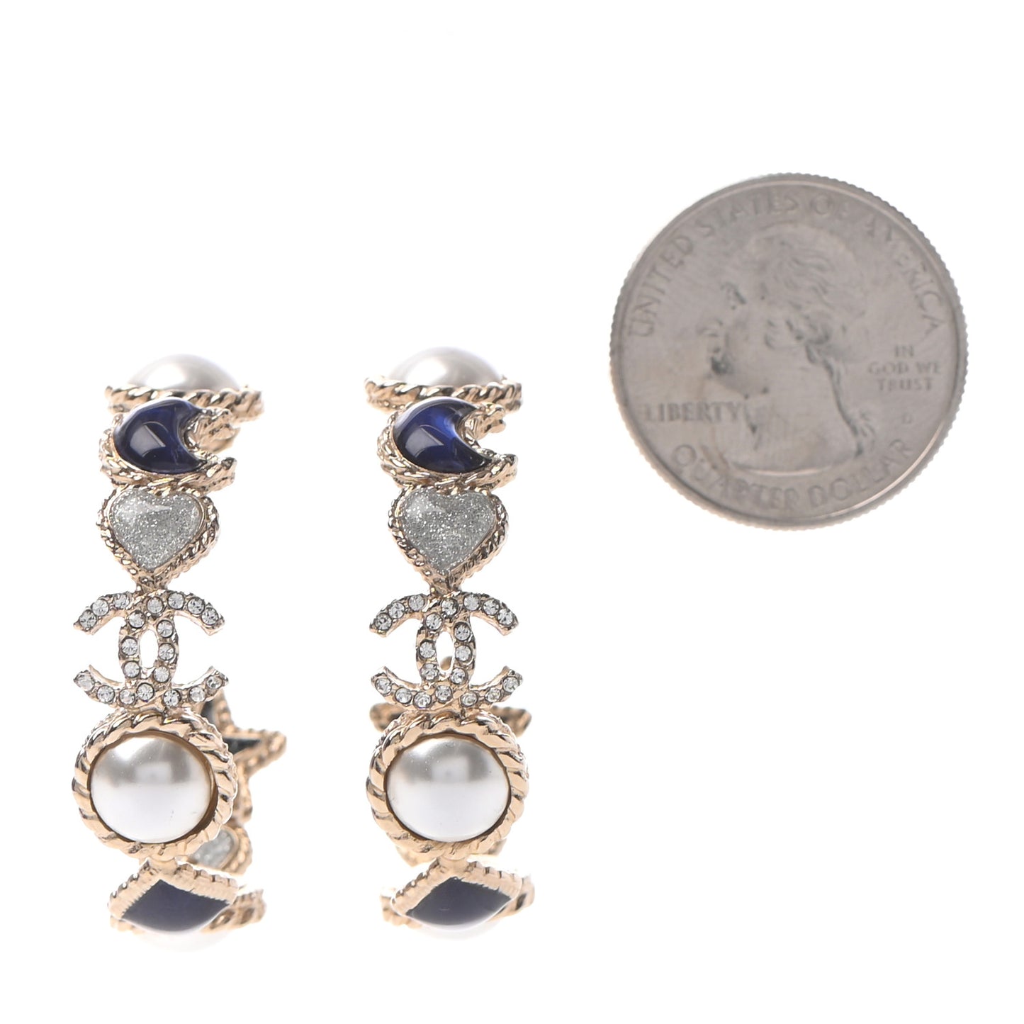 Crystal Pearl CC Hoop Earrings Gold Pearly White Blue