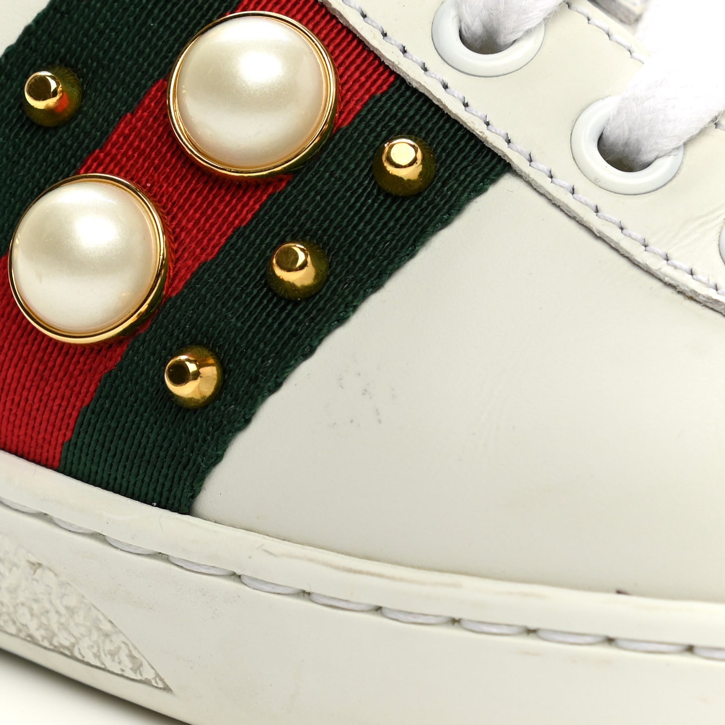 Calfskin Web Pearl Studded Womens Ace Sneakers 35 White