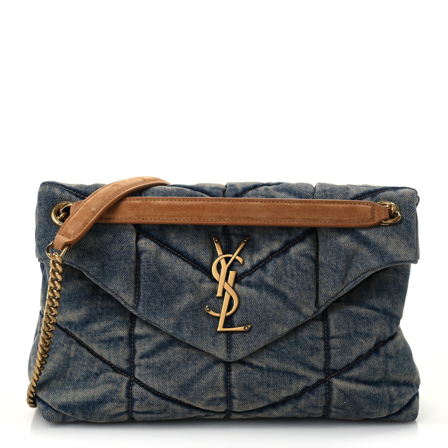 Denim Quilted Small Loulou Puffer Monogram Chain Satchel Blue Cinnamon