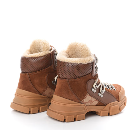 Gucci X SEGA Suede Shearling Calfskin GG Monogram Womens Flashtrek High-Top Sneakers 37.5 New Cuir Beige Ruggine 4 of 6