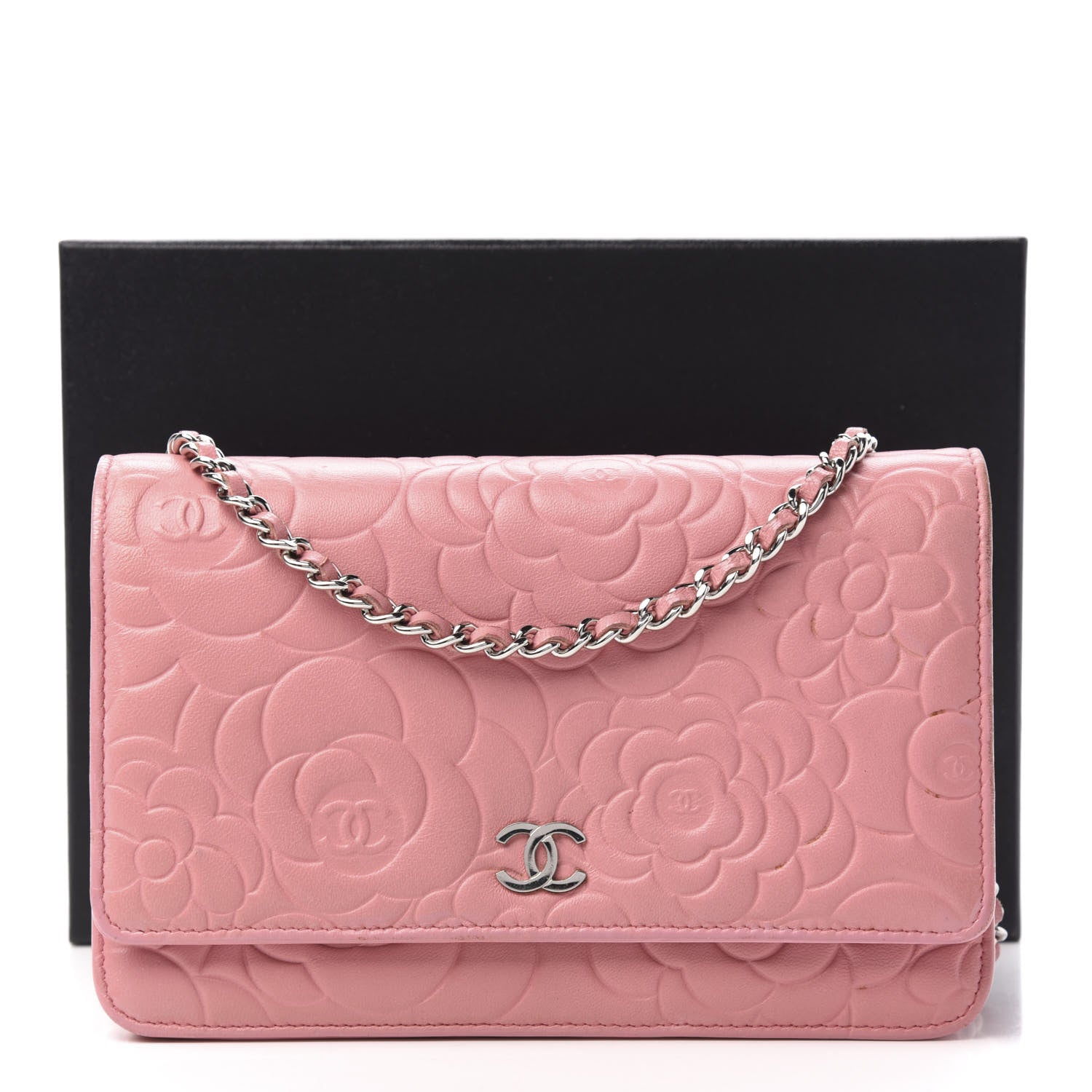 Chanel Lambskin Camellia Embossed Wallet On Chain WOC Pink 12 of 12
