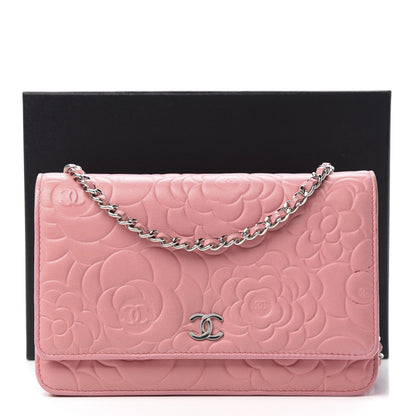 Chanel Lambskin Camellia Embossed Wallet On Chain WOC Pink 12 of 12