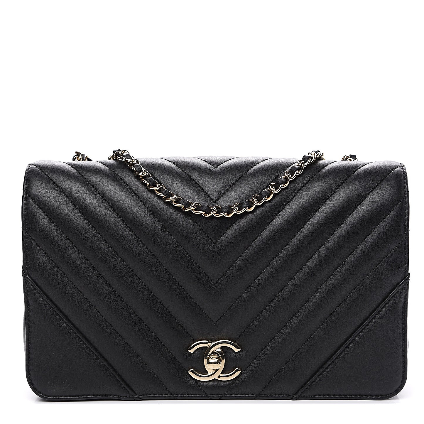 Calfskin Chevron Quilted Statement Flap Black