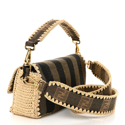 Fendi Fabric Jacquard Raffia Straw Pequin Gingham Woven Baguette Beige Black Natural 3 of 9