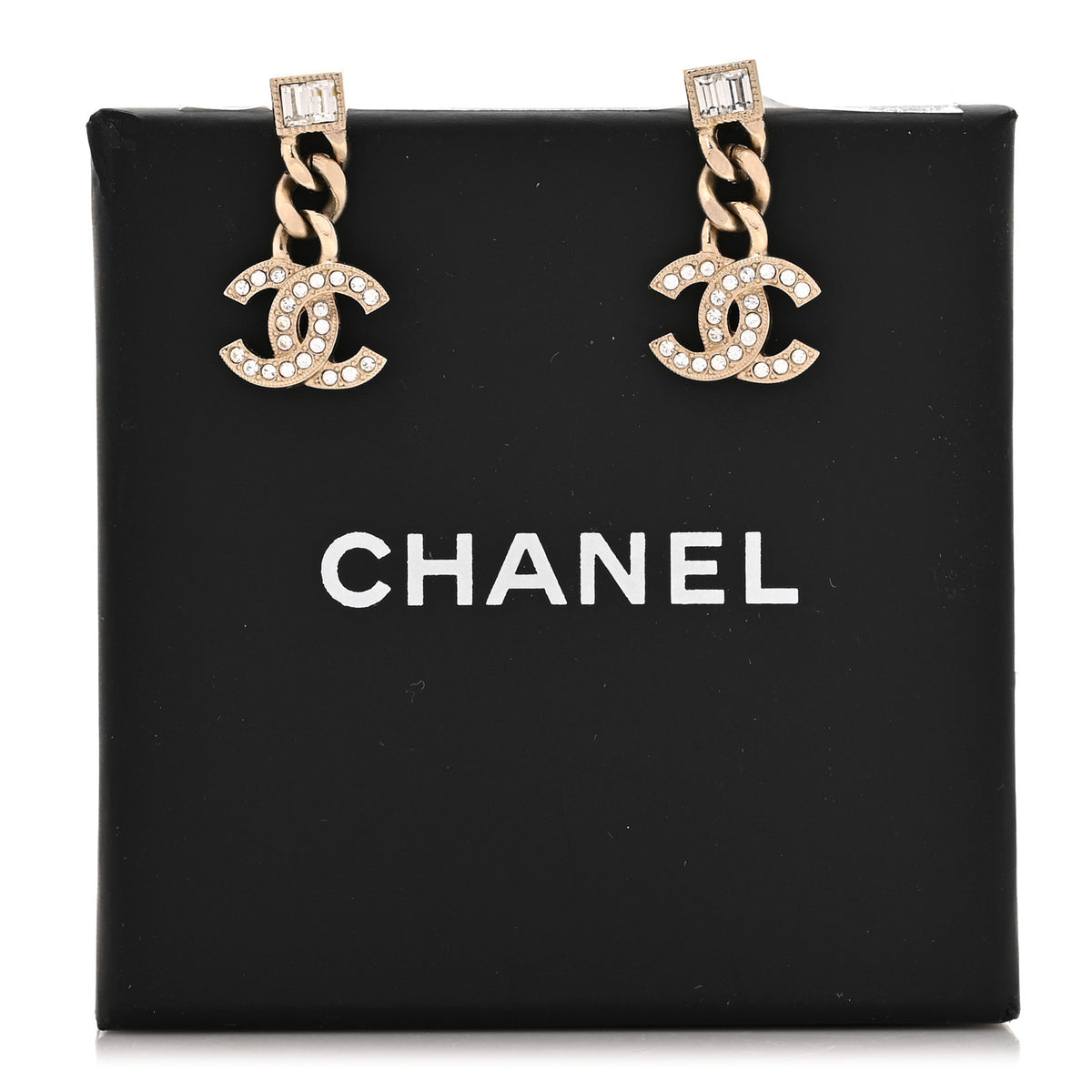 Metal Crystal Baguette CC Chain Drop Earrings Gold
