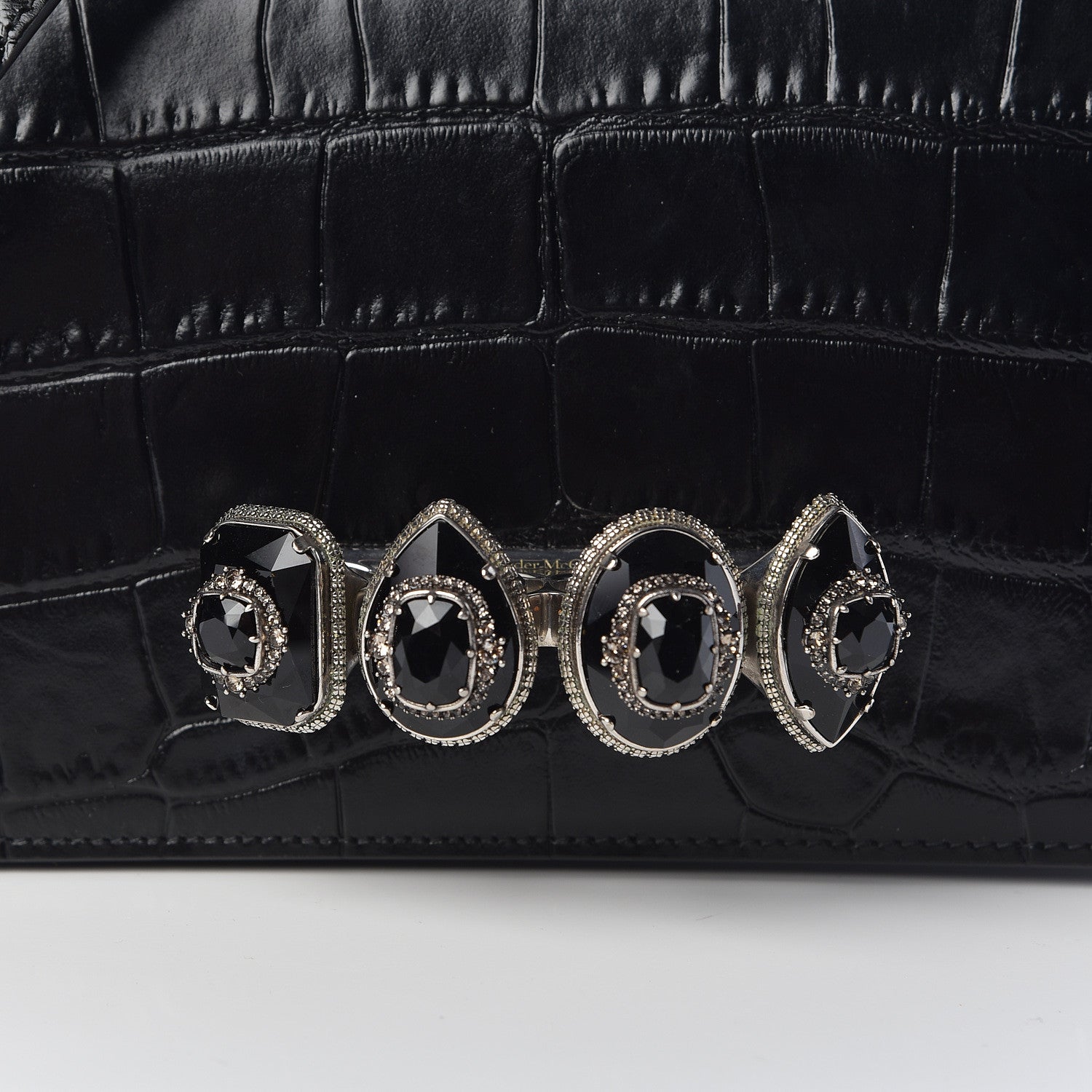 Alexander McQueen Calfskin Crocodile Embossed Knuckle Shoulder Bag Black 7 of 10
