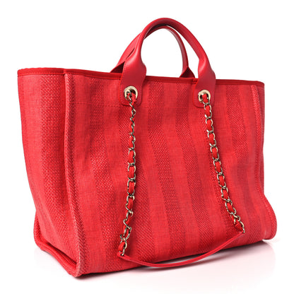 Chanel Straw Raffia Calfskin Striped Medium Deauville Tote Red 3 of 12