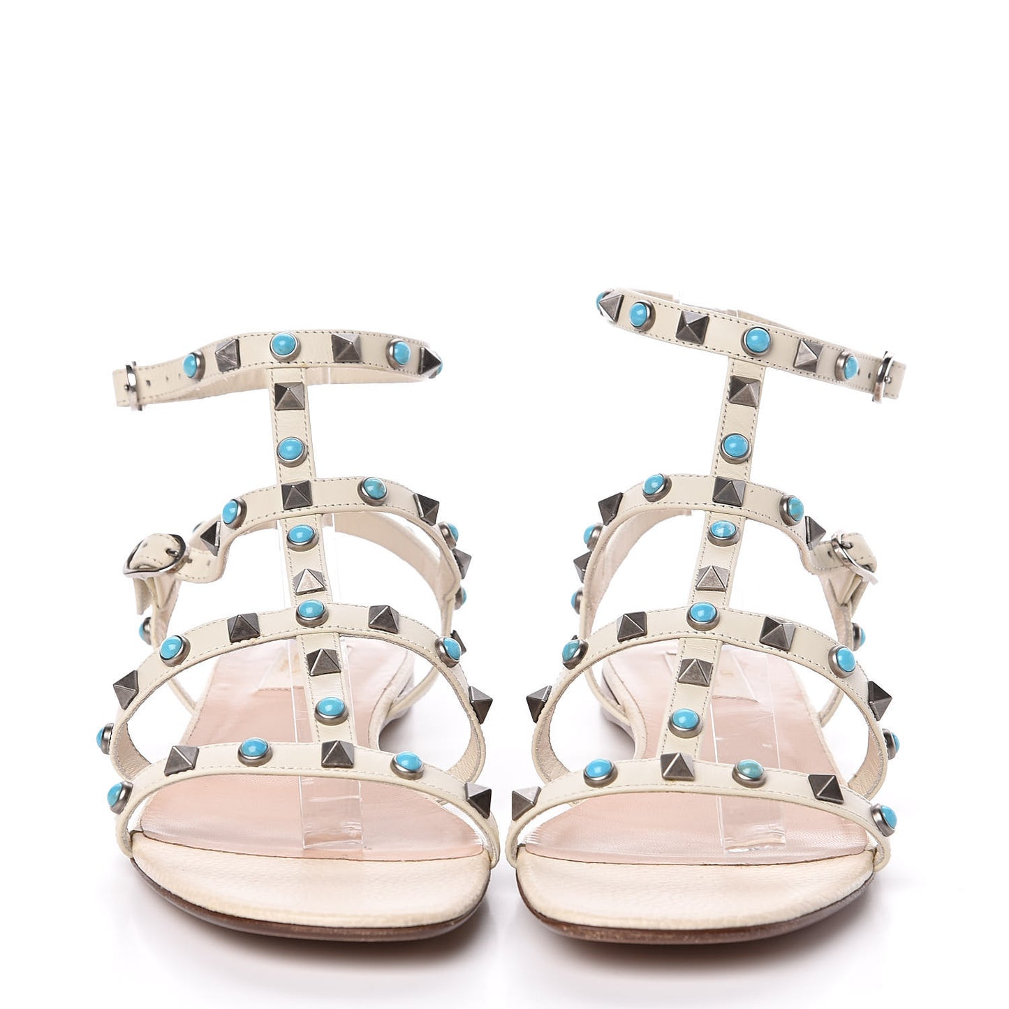 Calfskin Turquoise Rockstud Rolling Gladiator Flat Sandals 40 Light Ivory