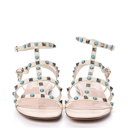 Valentino Garavani Calfskin Turquoise Rockstud Rolling Gladiator Flat Sandals 40 Light Ivory 2 of 8