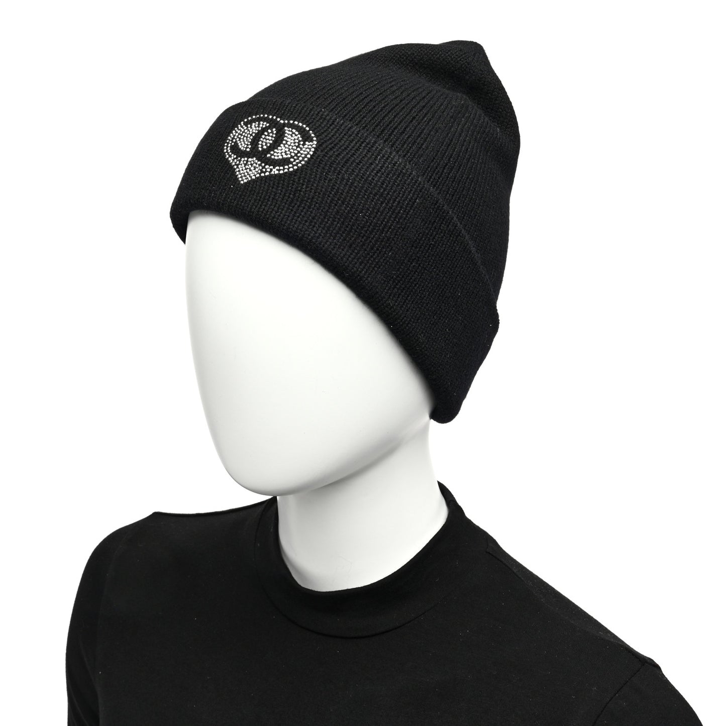 Cashmere Crystal CC Heart Beanie Hat Black