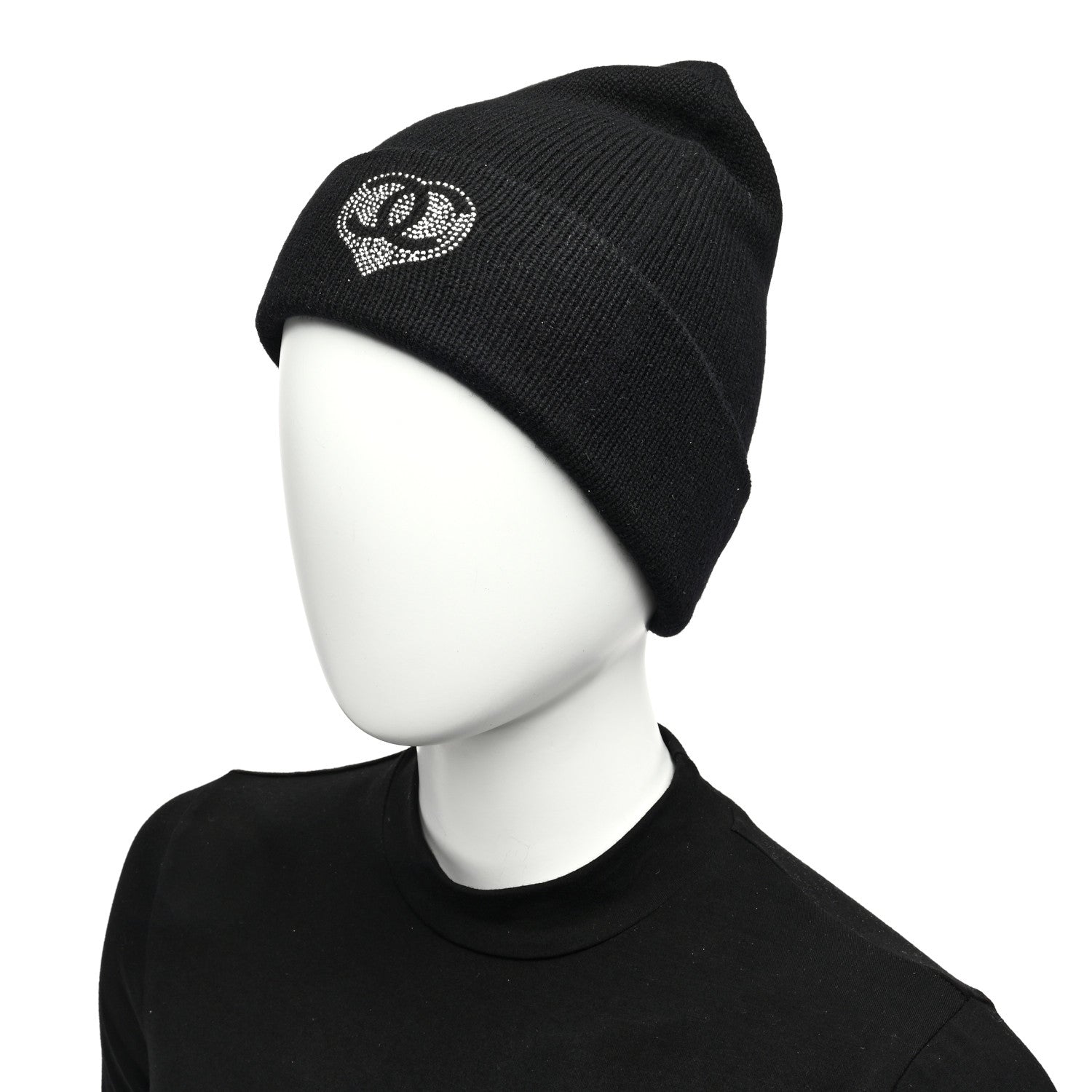 Chanel Cashmere Crystal CC Heart Beanie Hat Black 2 of 6