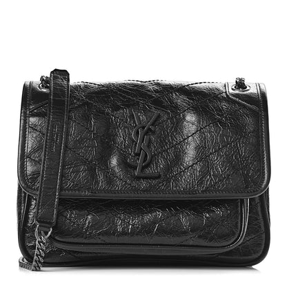Saint Laurent Crinkled Calfskin Matelasse Monogram Baby Niki Chain Satchel Black 1 of 10