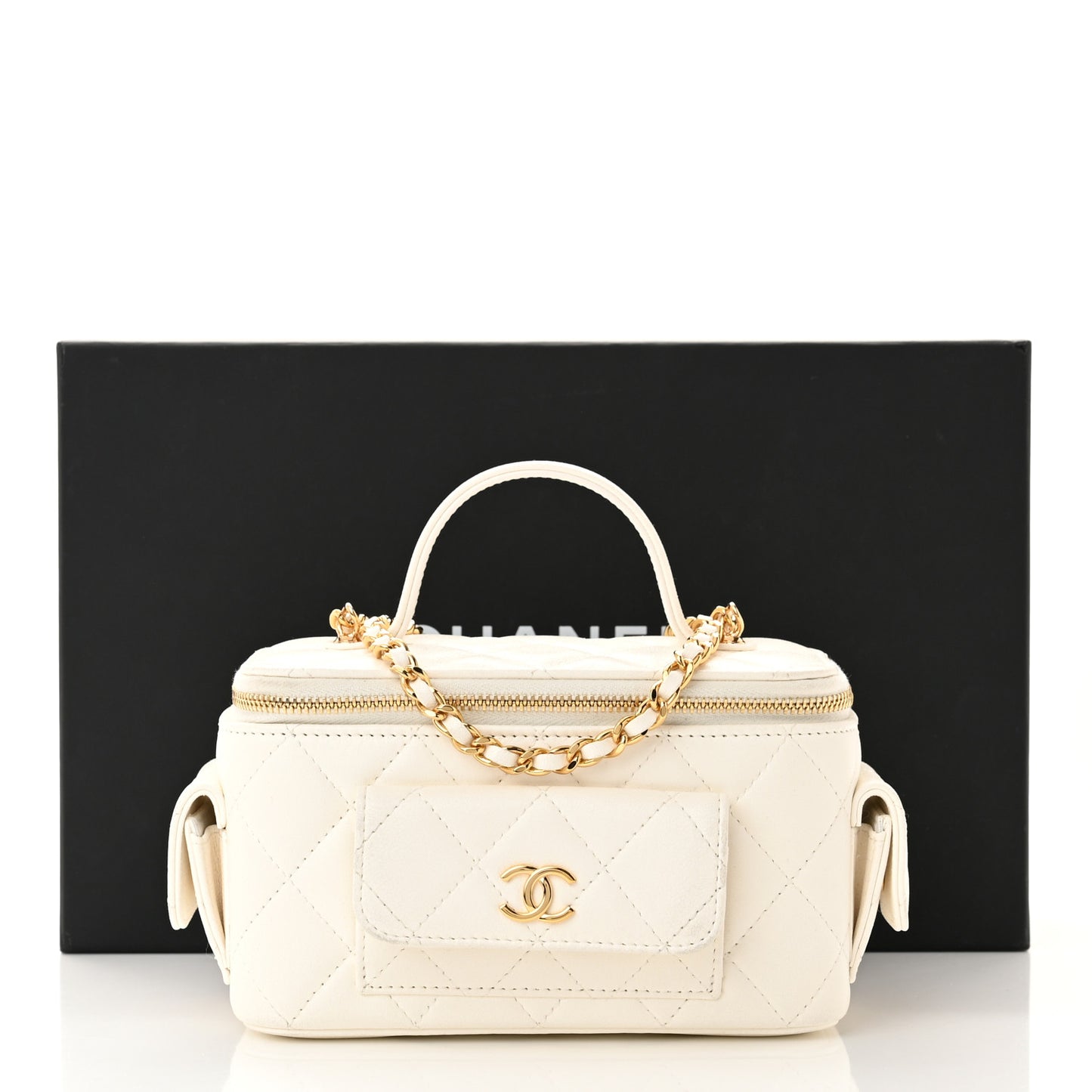 Lambskin Quilted Polly Pocket East West Top Vanity With Chain White