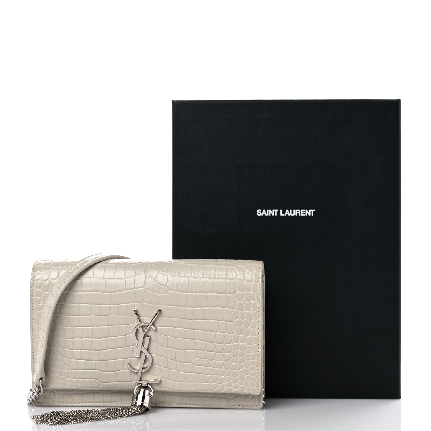 Saint Laurent Calfskin Crocodile Embossed Kate Monogram Tassel Chain Wallet Crema Soft 14 of 14