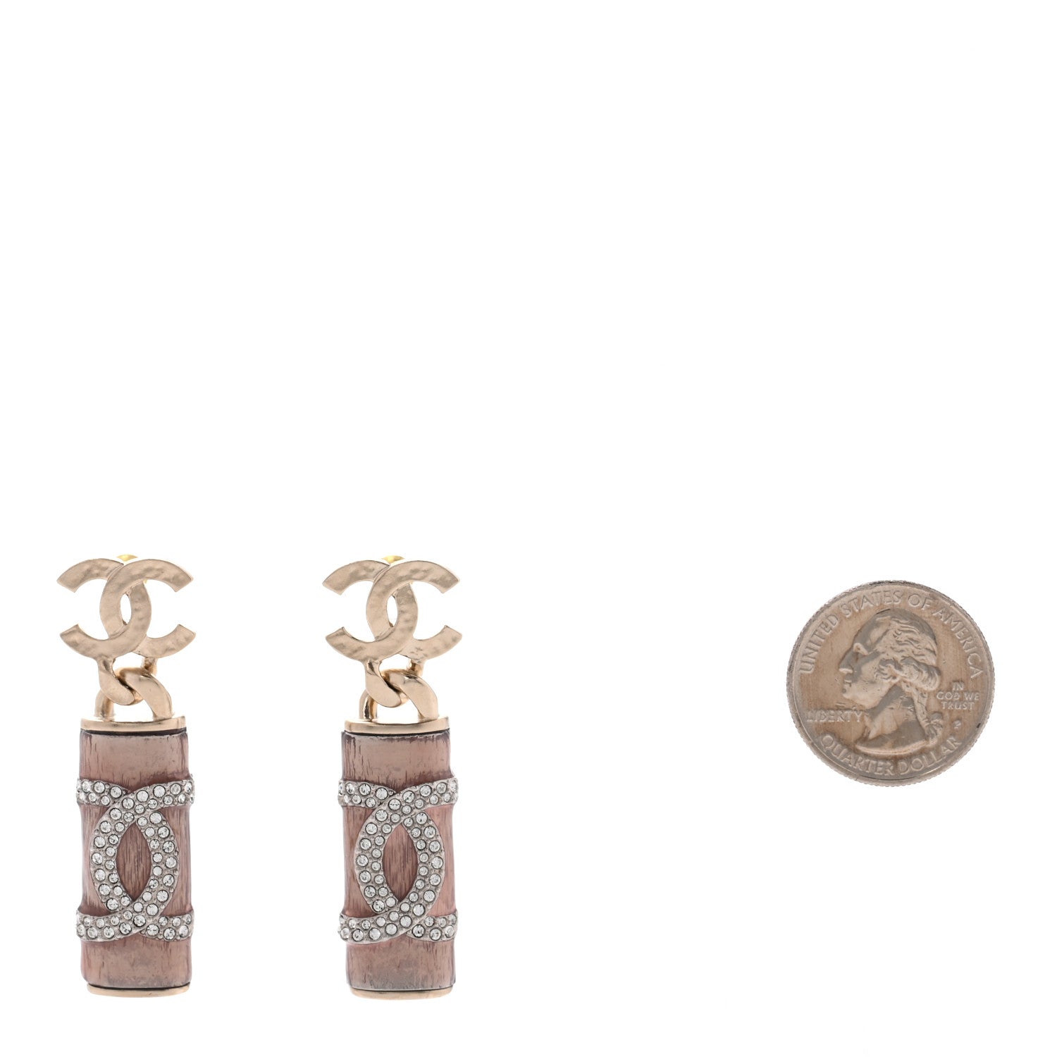 Chanel Hammered Metal Crystal CC Drop Earrings Pink Gold Silver 2 of 5