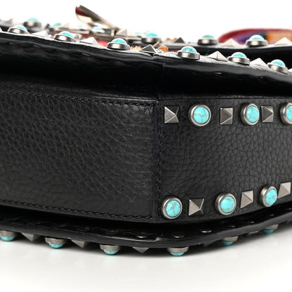 Valentino Garavani Calfskin Embroidered Medium Guitar Strap Rockstud Rolling Flap Saddle Bag Black 9 of 16