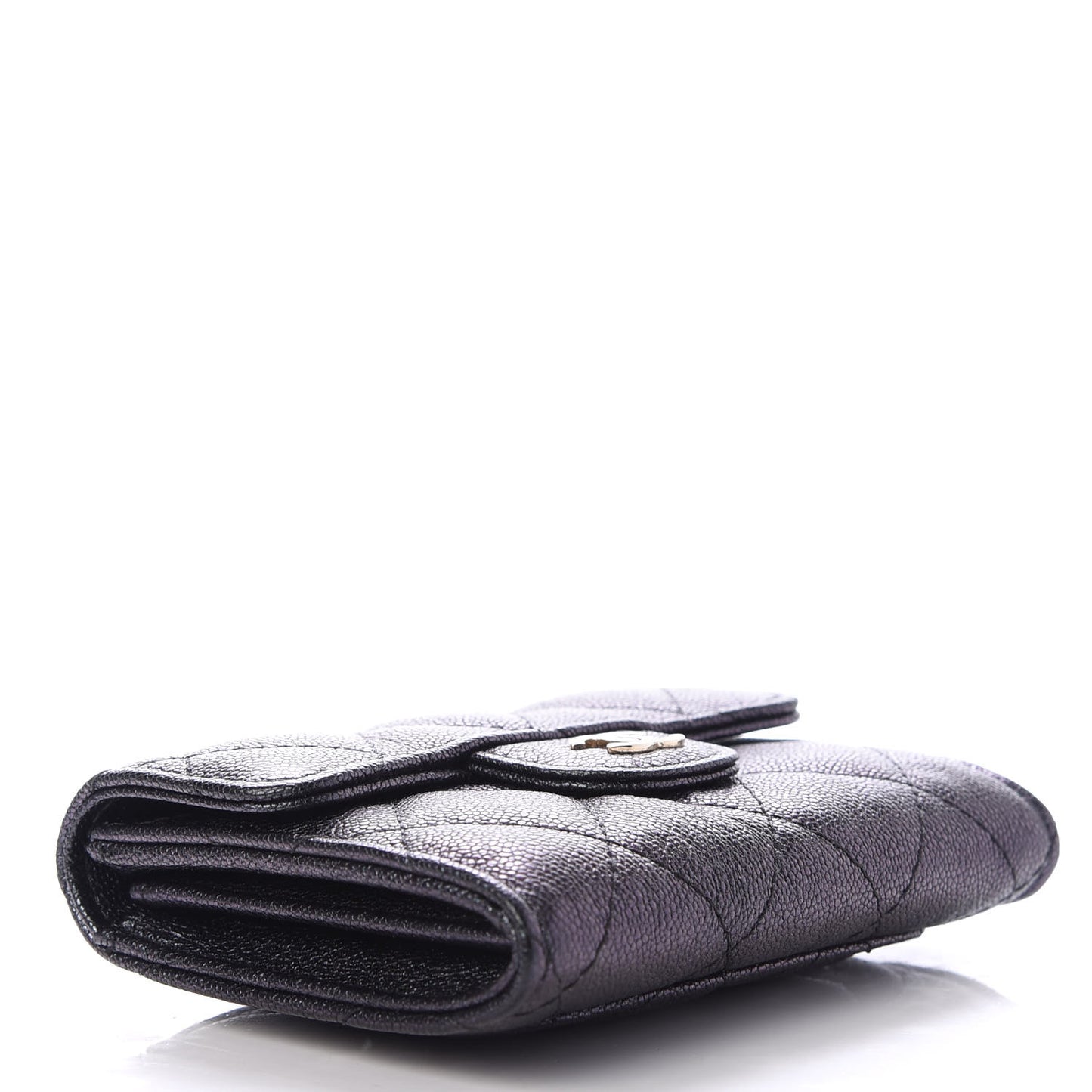 Iridescent Caviar Quilted Flap Card Holder Wallet Black