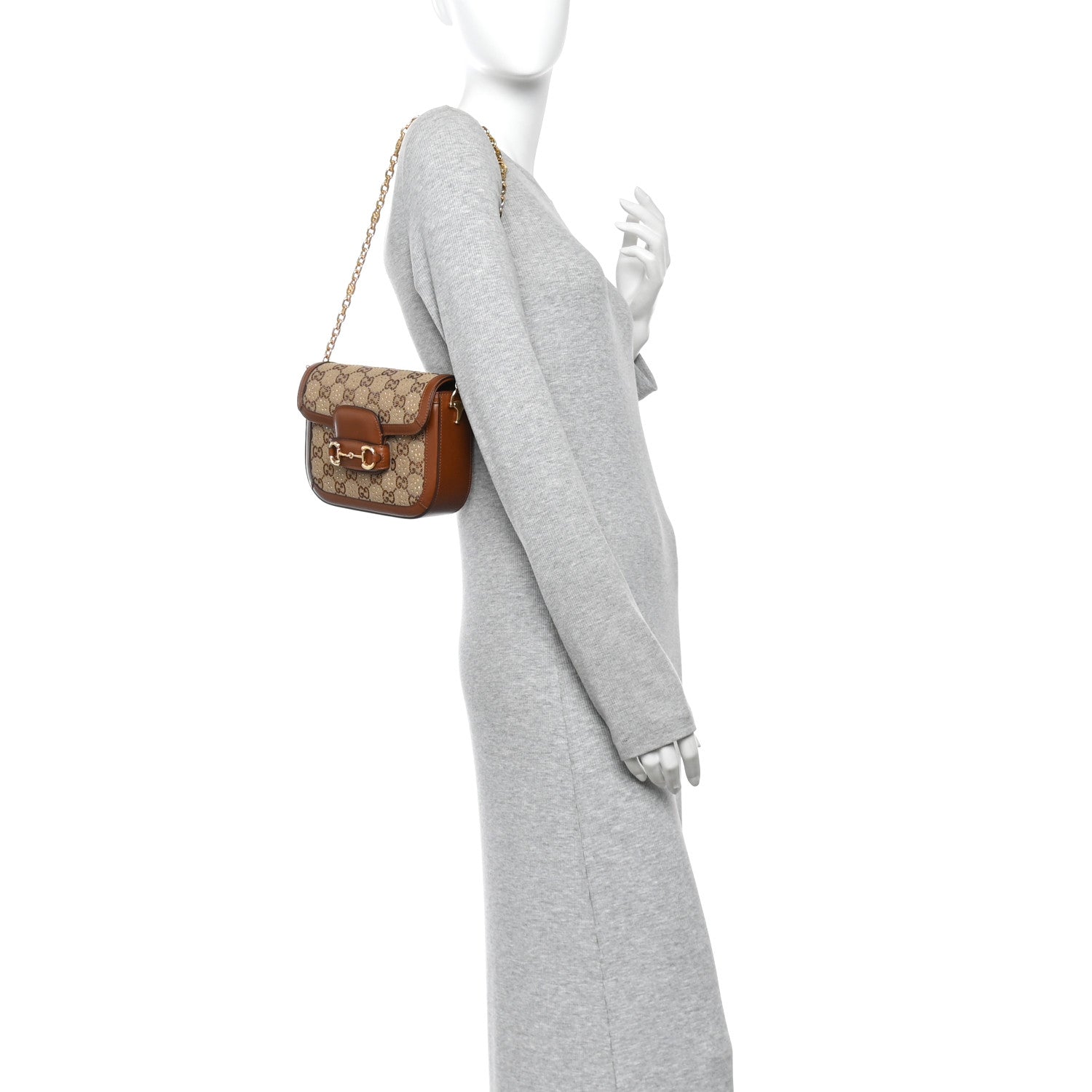 Gucci New Canvas Charisma Calfskin Crystal GG Monogram Mini Horsebit 1955 Shoulder Bag Camel Ebony 2 of 11