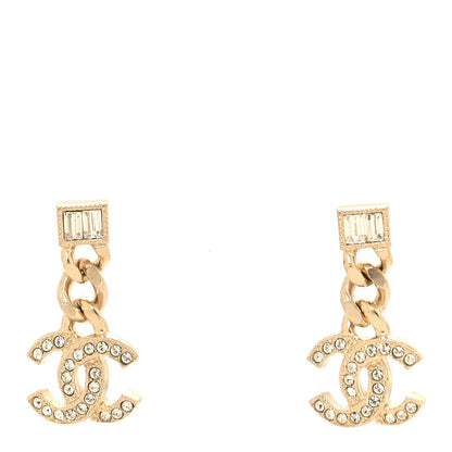 Chanel Metal Crystal Baguette CC Chain Drop Earrings Gold 1 of 5