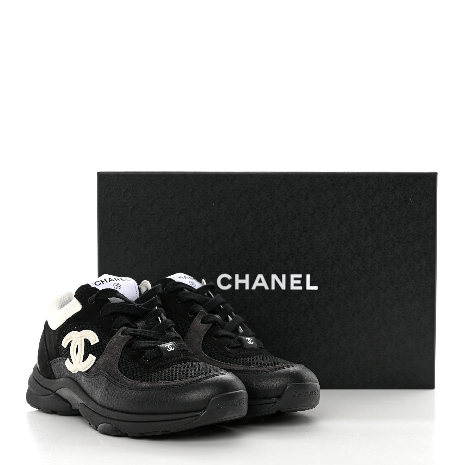 Chanel Mesh Suede Grained Calfskin Womens CC Sneakers 39 Black White 8 of 8