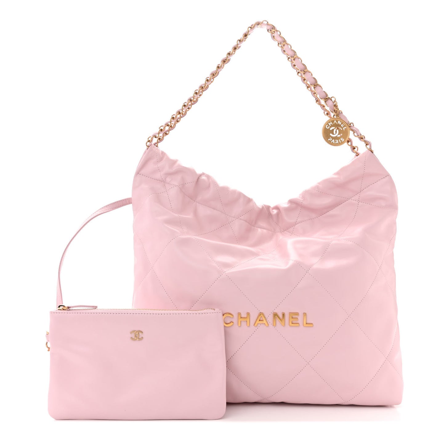 Shiny Calfskin Quilted 22 Drawstring Bag Light Pink