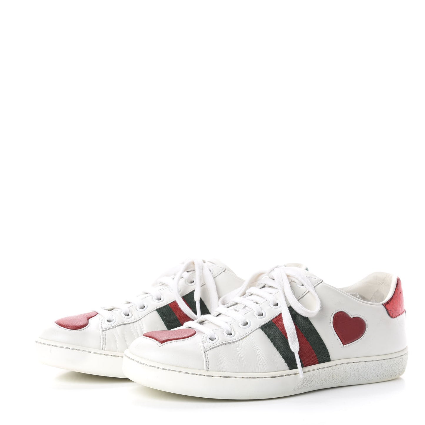 Calfskin Web Heart Embroidered Womens Ace Sneakers 37 White