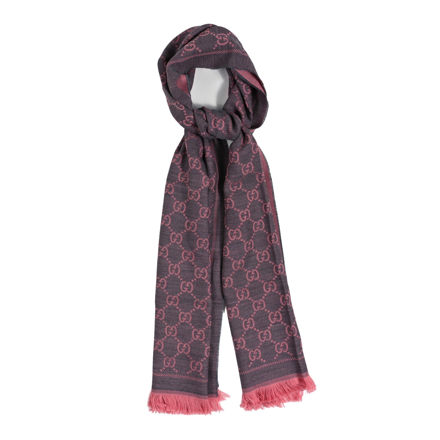 Gucci Wool Jacquard GG Monogram Sten Fringe Scarf Graphite Pink 1 of 4