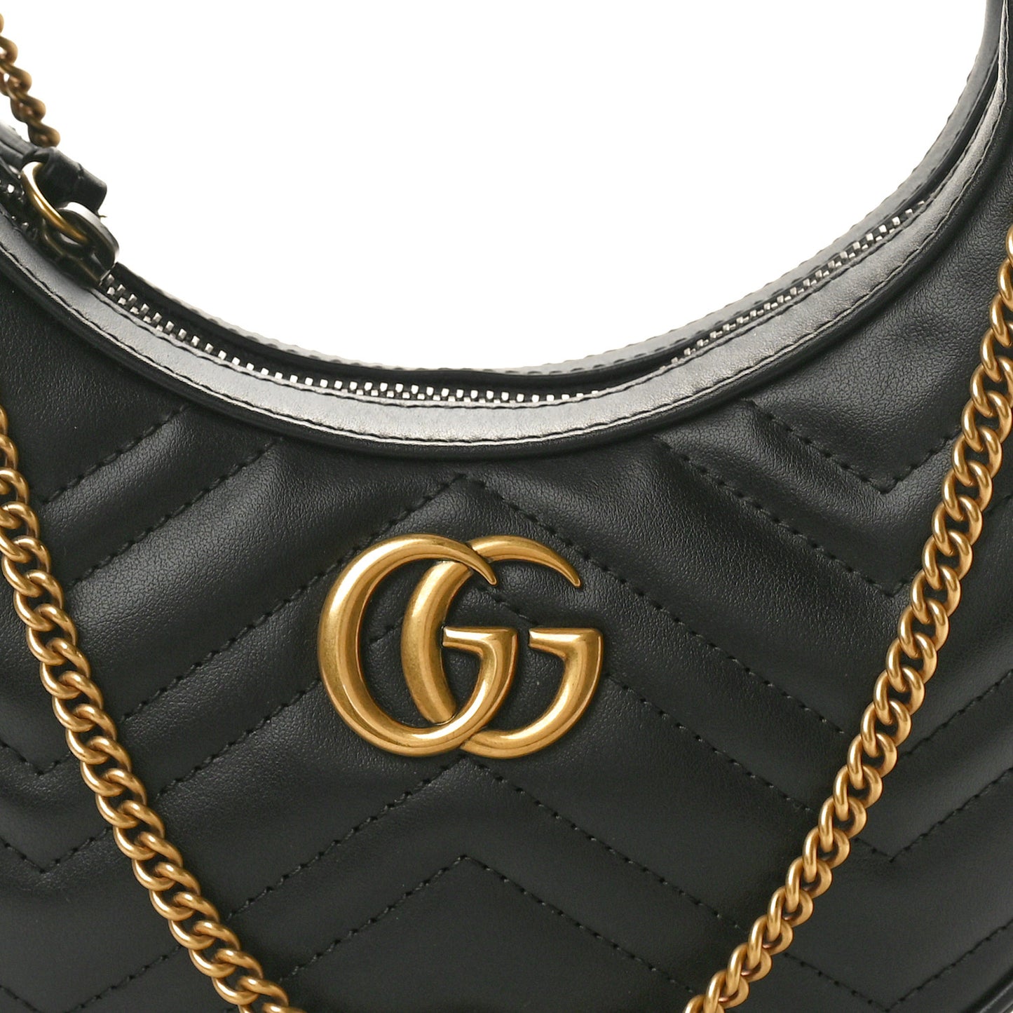 Calfskin Matelasse Chevron Mini GG Marmont Half Moon Hobo Black