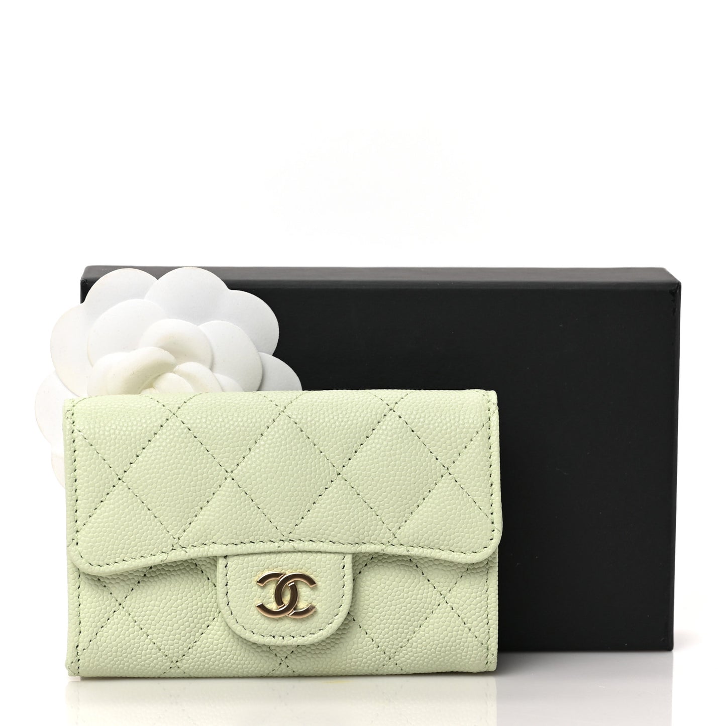 Caviar Quilted Flap Card Holder Wallet Light Green