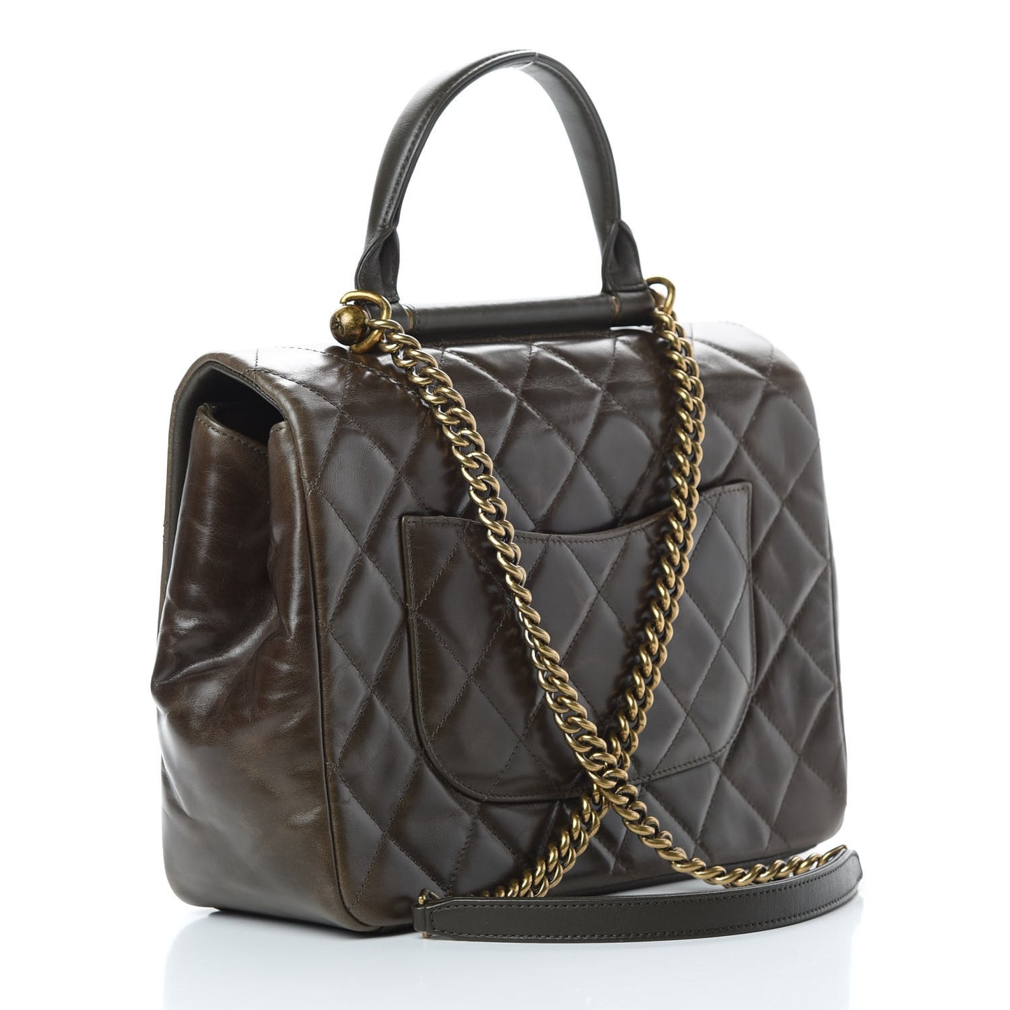 Glazed Calfskin Quilted Large Gold Bar Top Handle Flap Dark Grey