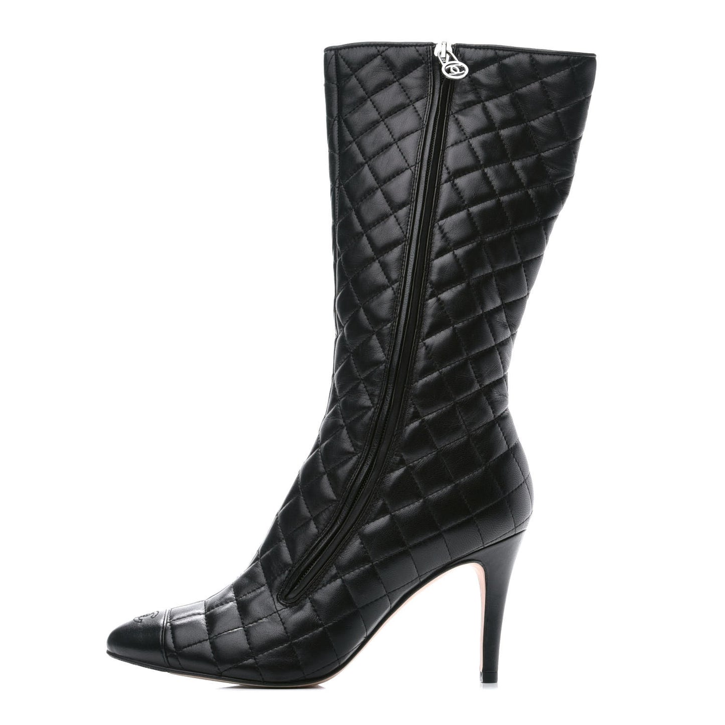 Lambskin Quilted CC Cap Toe Boots 38.5 Black