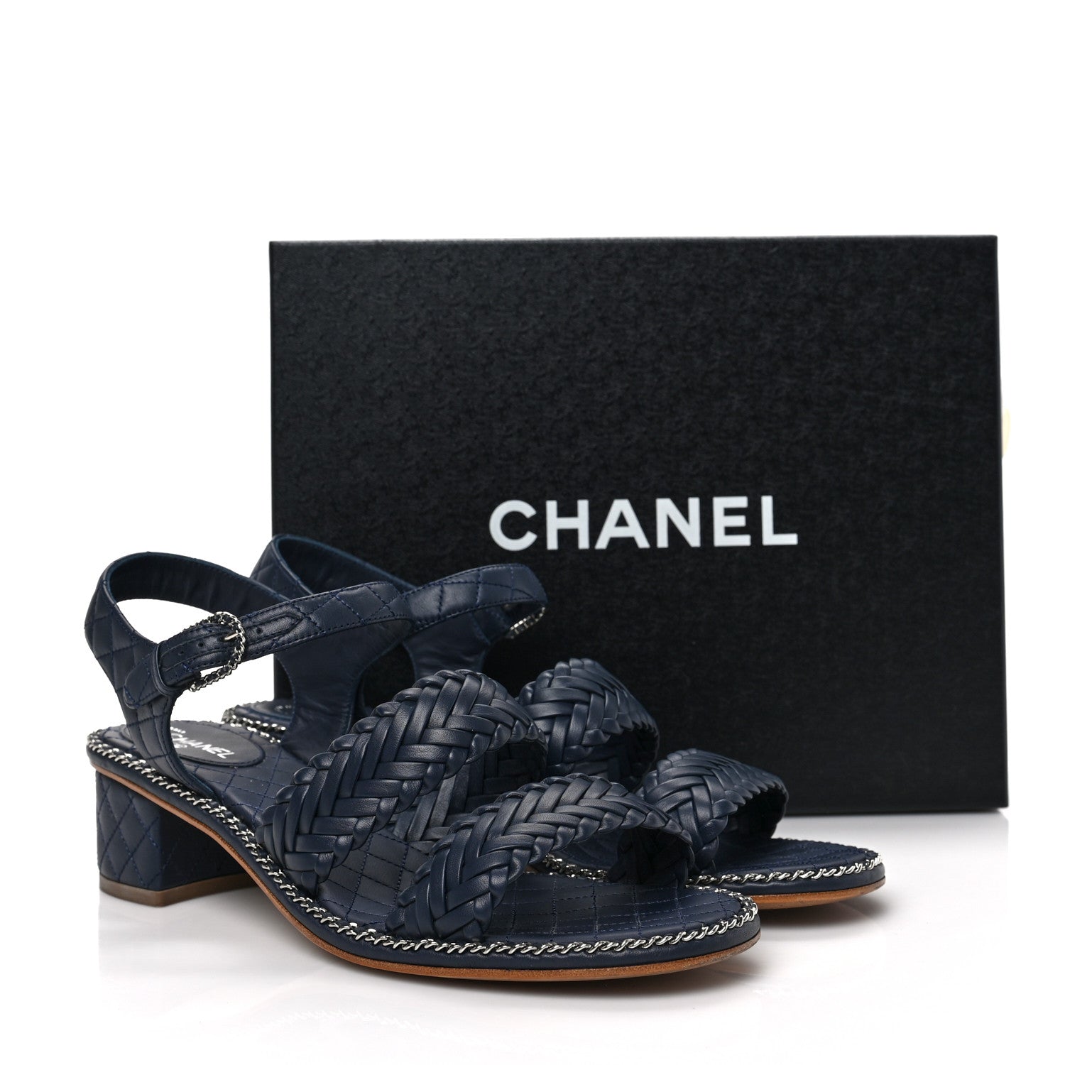 Chanel Calfskin Woven Chain Around CC Sandals 40.5 Navy Blue 9 of 9