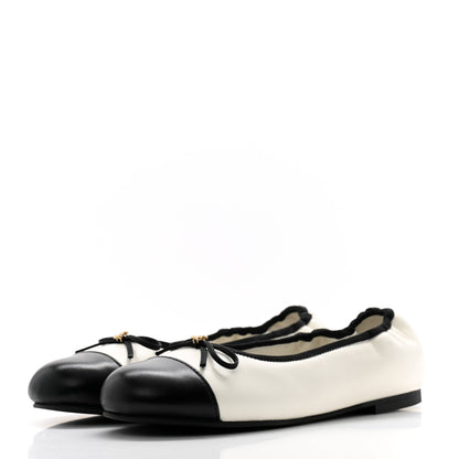 Chanel Lambskin Cap Toe CC Ballet Flats 37.5 White Black 3 of 9
