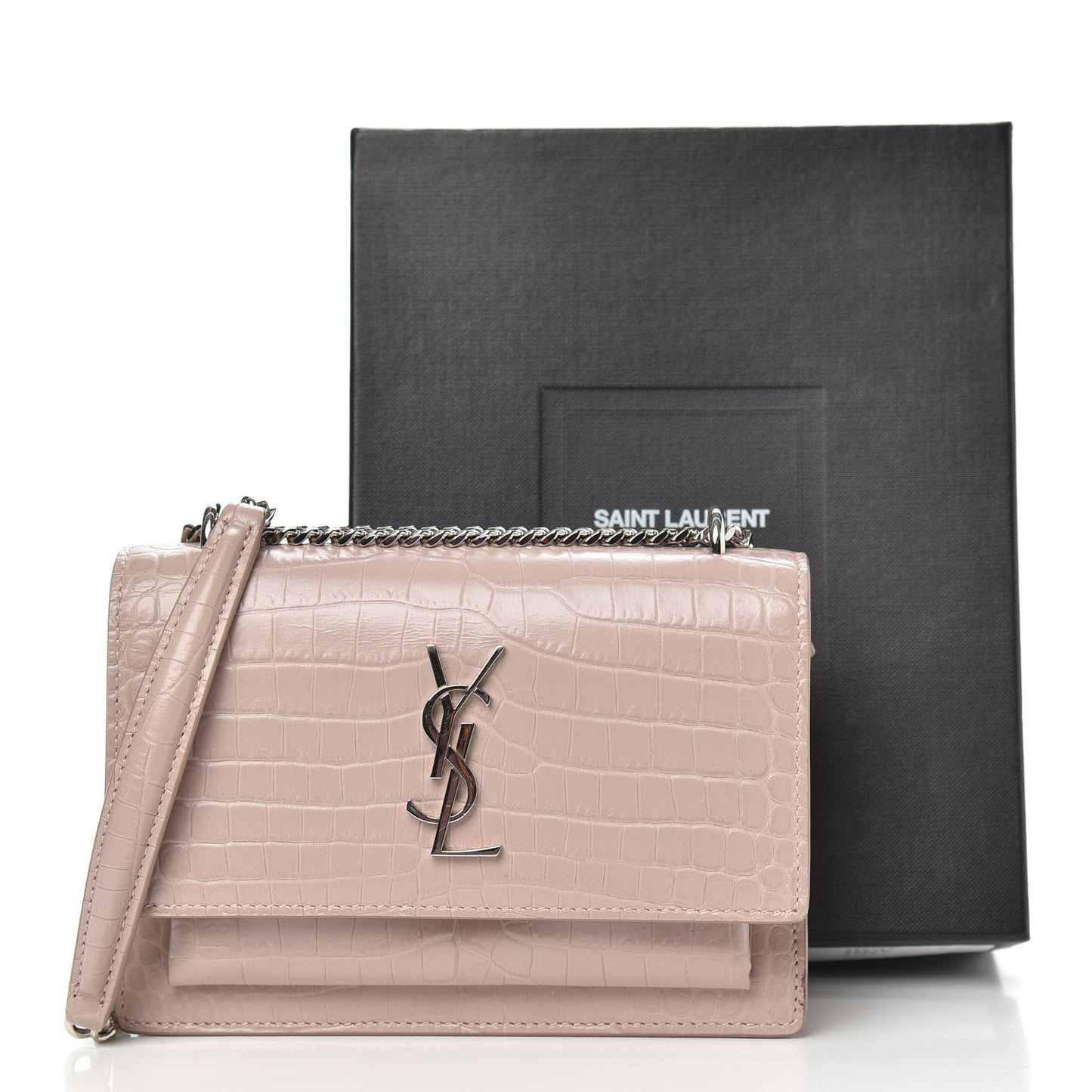 Calfskin Crocodile Embossed Monogram Sunset Chain Wallet Marble Pink