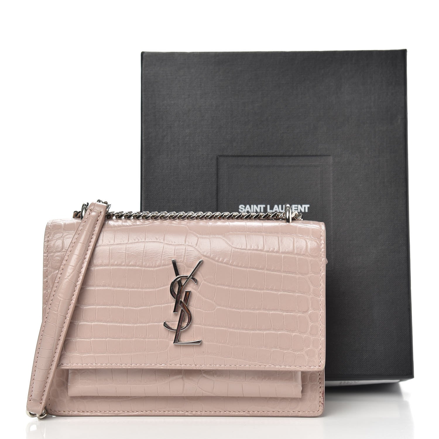 Saint Laurent Calfskin Crocodile Embossed Monogram Sunset Chain Wallet Marble Pink 9 of 9