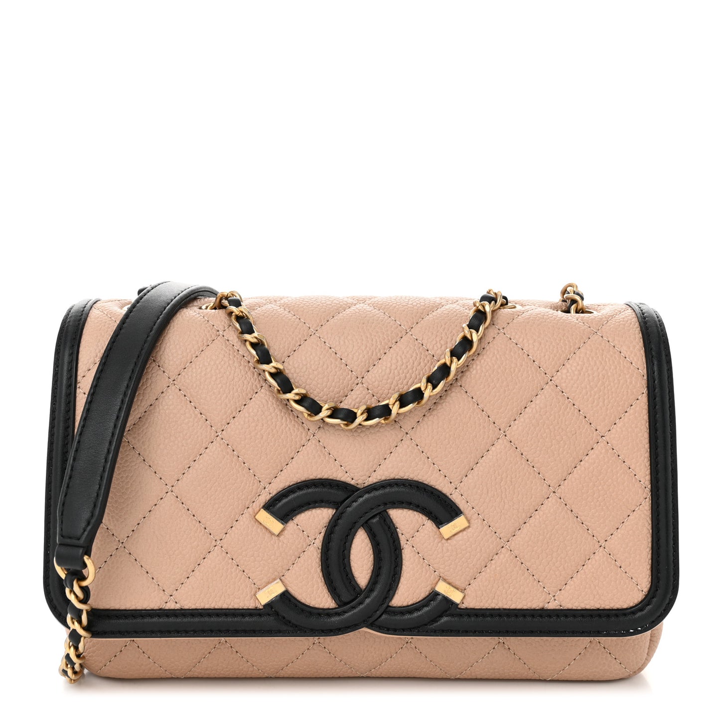 Caviar Quilted Small CC Filigree Flap Beige Black