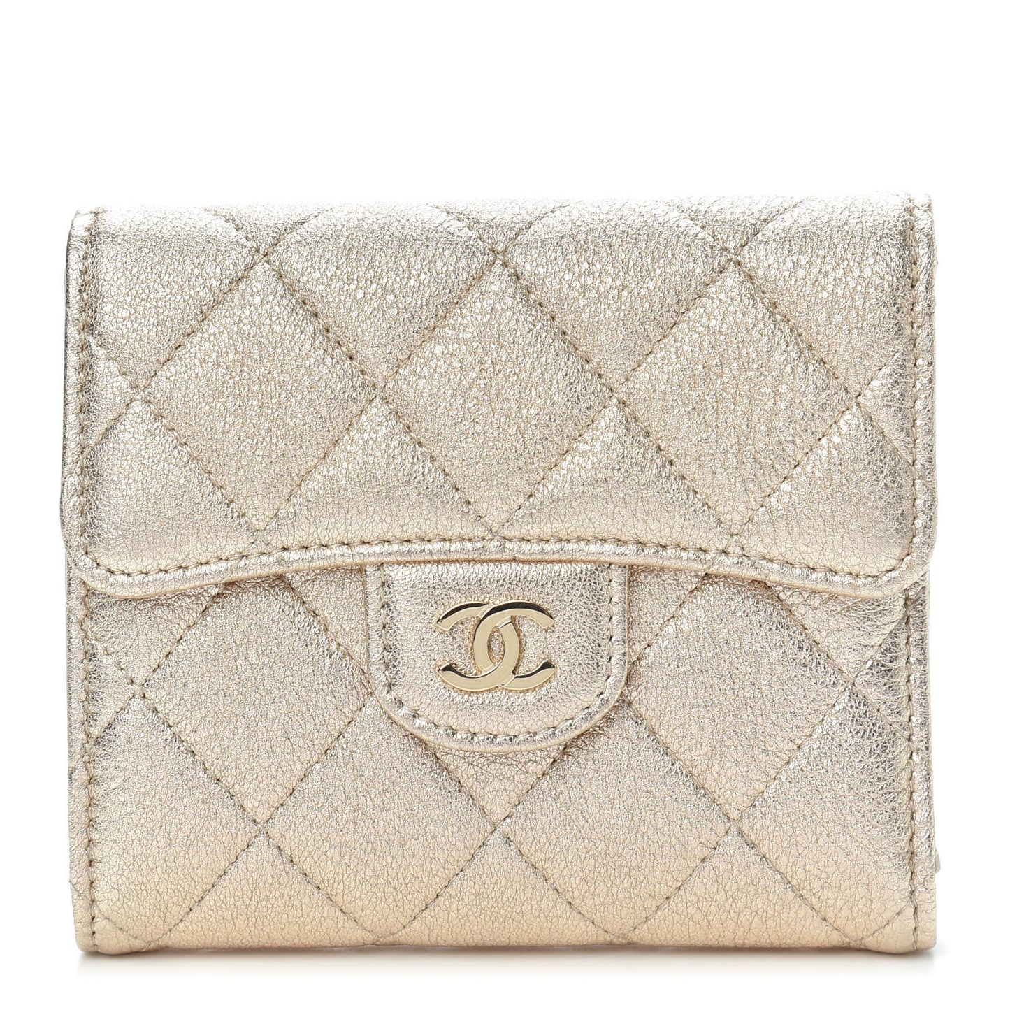 Metallic Lambskin Quilted Compact Flap Wallet Gold