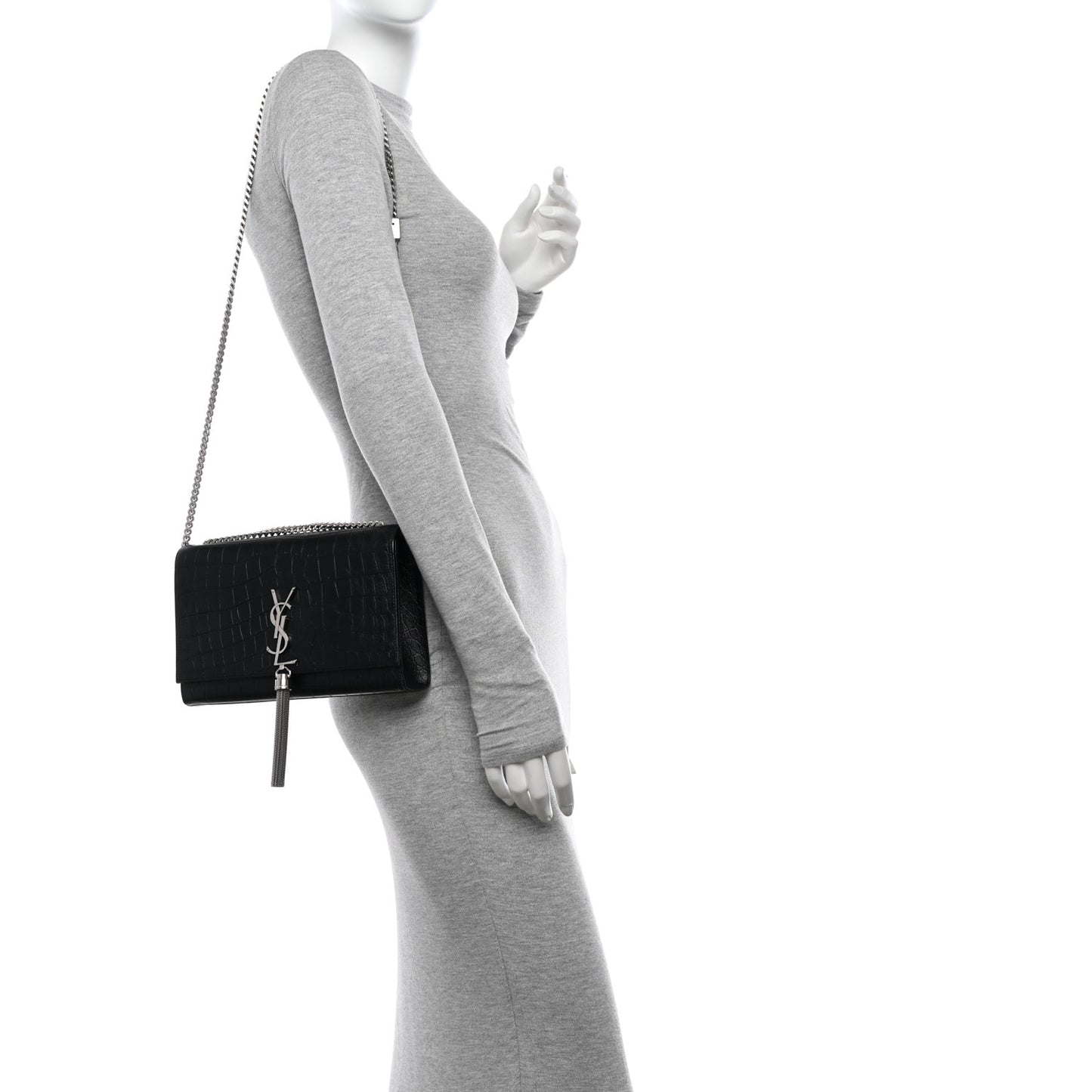 Calfskin Crocodile Embossed Medium Classic Monogram Kate Tassel Satchel Black