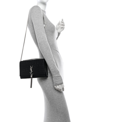 Saint Laurent Calfskin Crocodile Embossed Medium Classic Monogram Kate Tassel Satchel Black 2 of 11