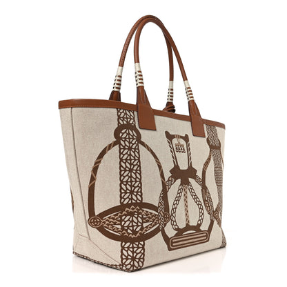 Hermes H Plume Canvas Swift Printed Fantaisie d'Etriers Steeple 28 Bag Fauve Ecru Beige Gold 2 of 9