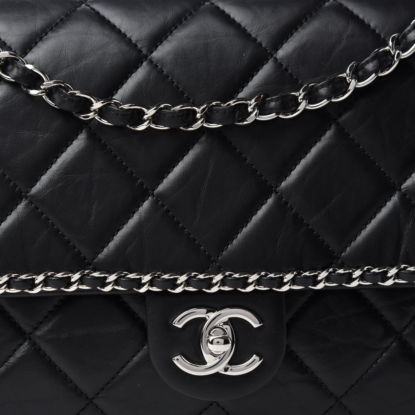 Crumpled Calfskin Quilted Large Chain All Over Flap Bag Black