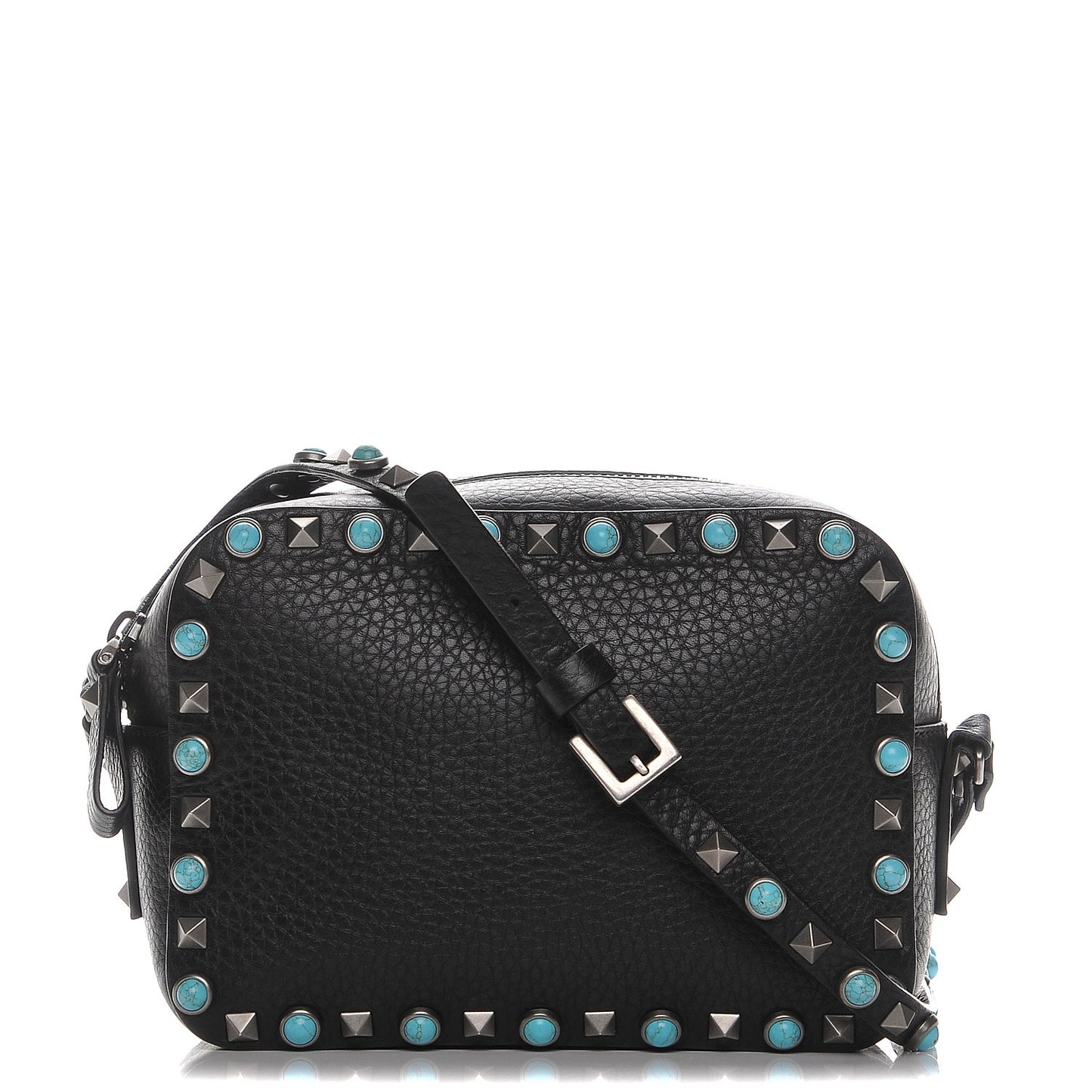 Grained Calfskin Turquoise Rockstud Rolling Camera Crossbody Bag Black