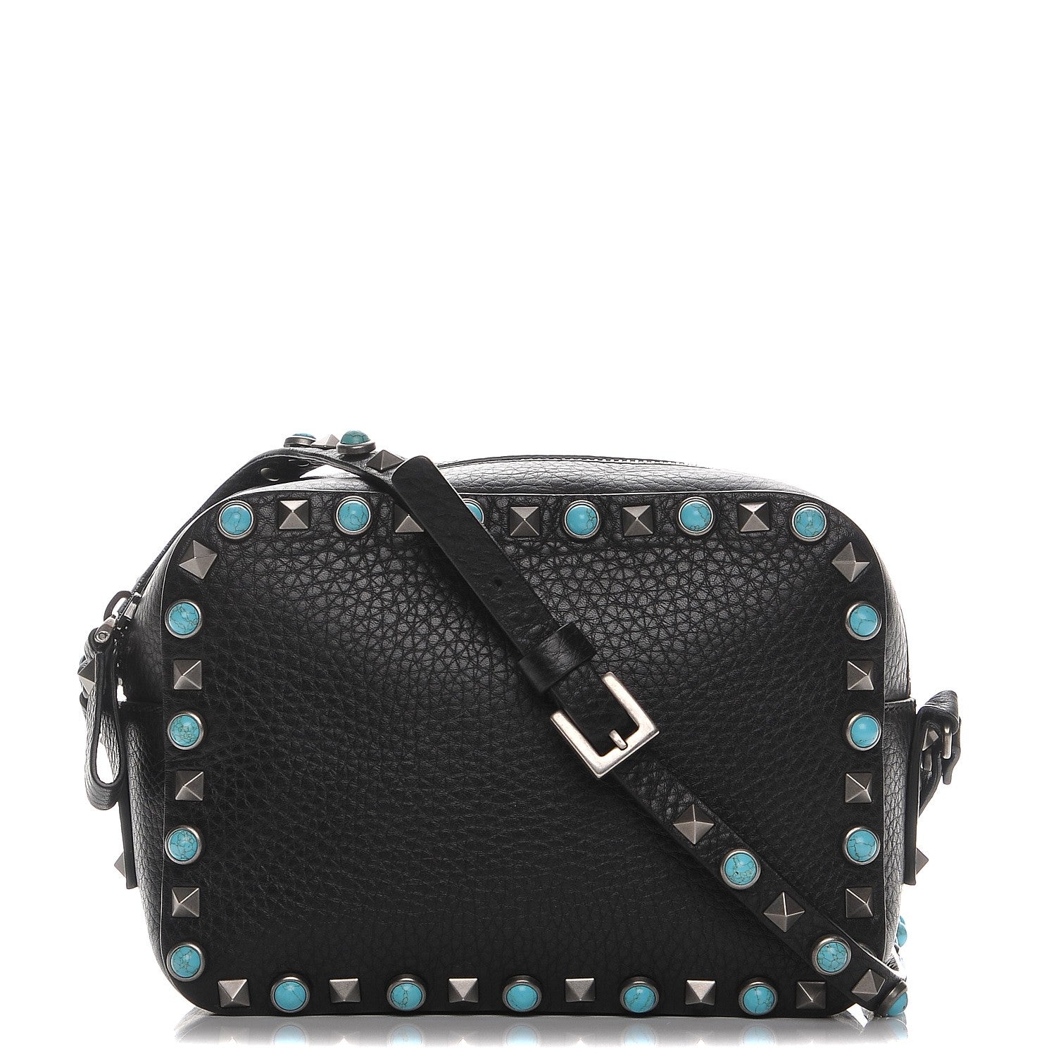 Valentino Garavani Grained Calfskin Turquoise Rockstud Rolling Camera Crossbody Bag Black 1 of 9