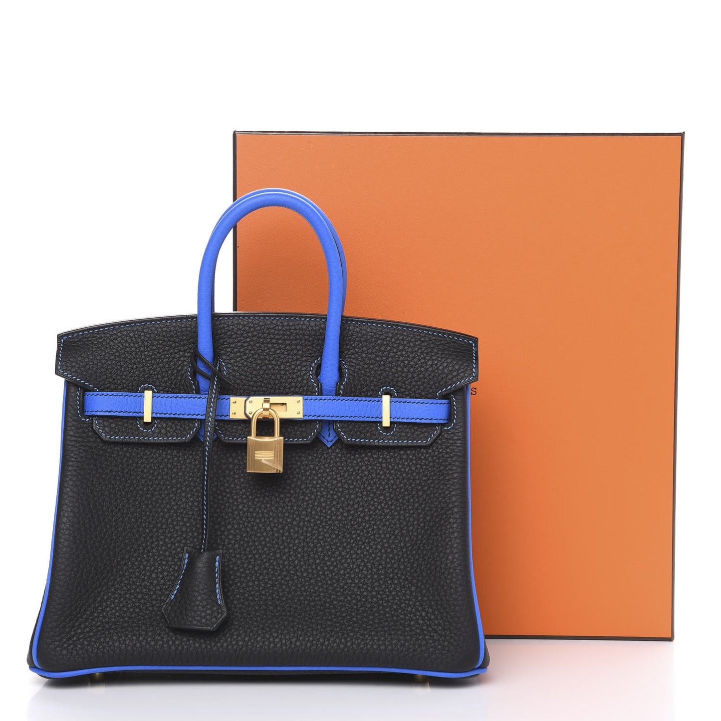 Taurillon Clemence Horseshoe Birkin 25 Black Bleu Hydra