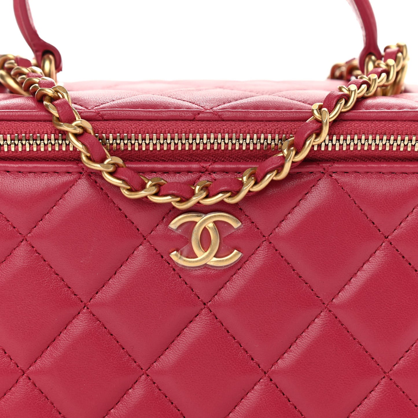 Lambskin Quilted Small Top Handle Vanity Case With Chain Dark Pink