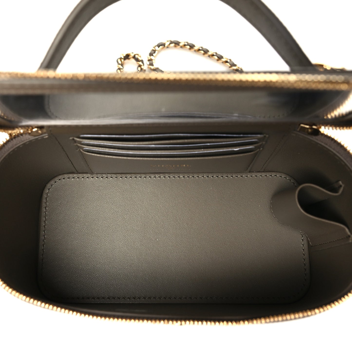 Calfskin Lizard Embossed Top Handle Vanity With Chain  Dark Khaki
