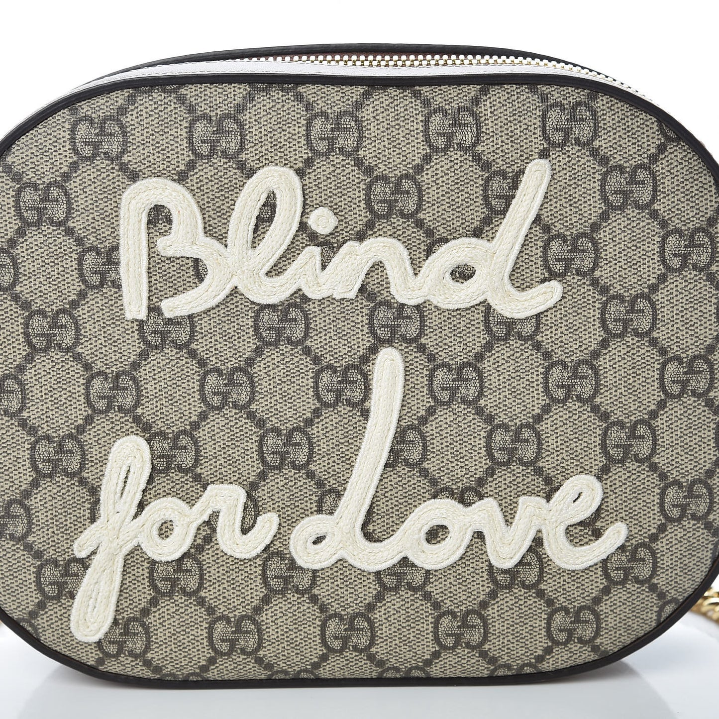 GG Supreme Monogram Blind For Love Embroidered Mini Chain Shoulder Bag Beige Tuscany